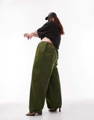 Topshop Curve hi-shine oversized balloon parachute pants in khaki-Green