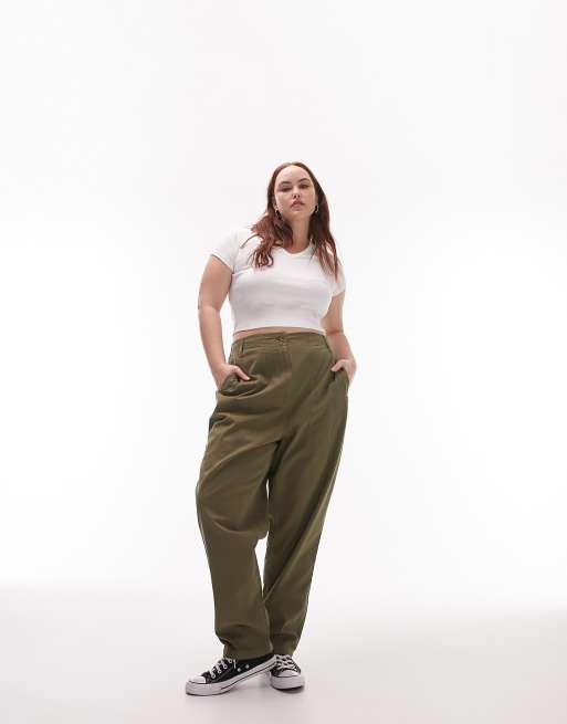 ASOS DESIGN Curve oversized plisse shirt and wide leg pants set in khaki