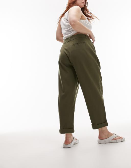 Topshop Curve high waist pleated peg pants in khaki