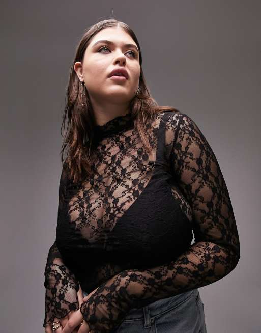 Topshop Curve - Højhalset langærmet top med blonder i sort, 4 af 4