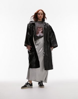Topshop Curve hooded coated vinyl rain jacket in black