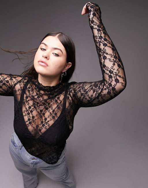 Topshop Curve - Hooggesloten top van kant met lange mouwen in zwart