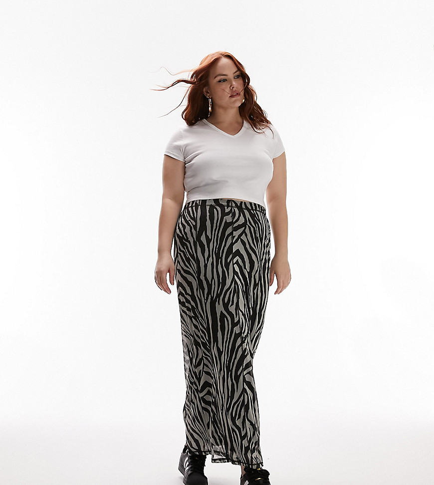 Topshop Curve jersey mesh zebra animal print maxi skirt in monochrome-Black