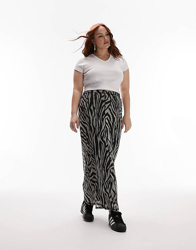 Topshop Curve - jersey mesh zebra animal print maxi skirt in monochrome