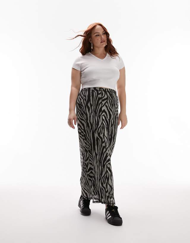 Topshop Curve jersey mesh zebra animal print maxi skirt in monochrome