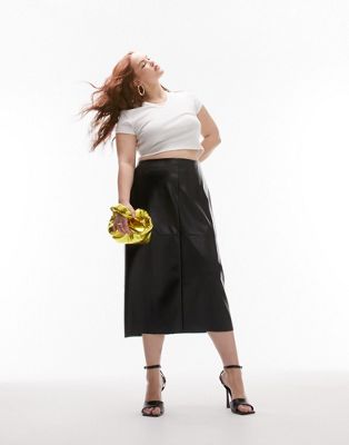 Topshop Curve leather seamed midi skirt in black - ASOS Price Checker
