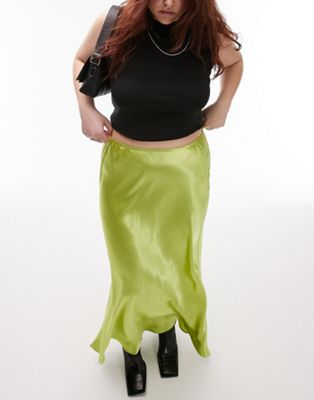 Topshop Curve satin bias maxi skirt in lime - ASOS Price Checker