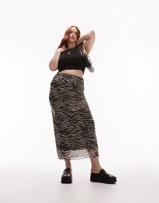 Topshop Curve - Jupe mi-longue style grunge en tulle à zébrures avec partie supérieure en dentelle - Rose/noir 