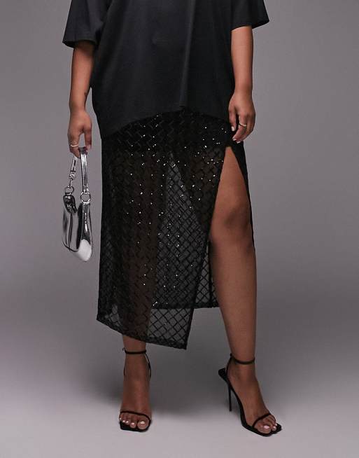Topshop Curve - Jupe portefeuille mi-longue transparente avec motif losanges à sequins - Noir