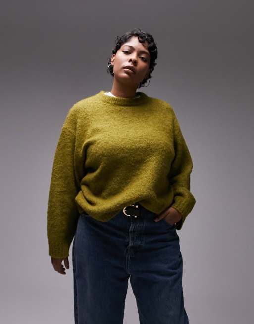 Topshop Curve – Kastiger Strickpullover aus Bouclé in Dunkelgrün