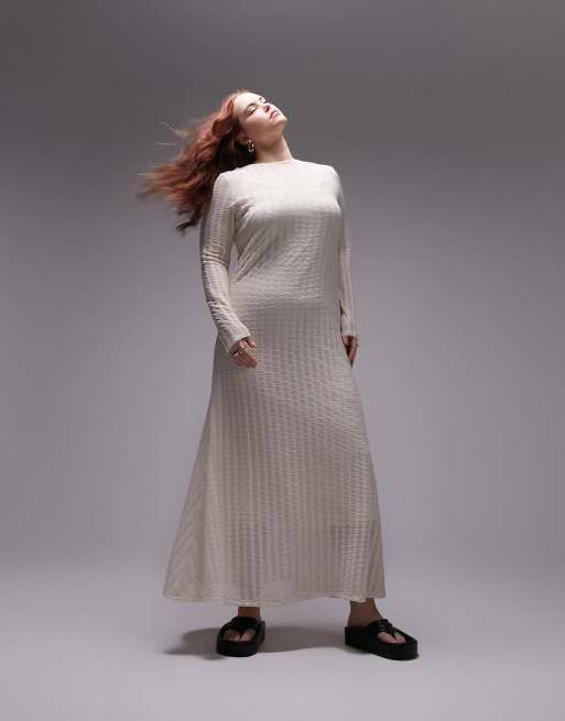 Topshop Curve knit long sleeve maxi dress in beige