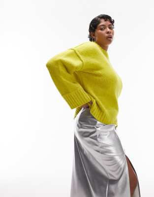 Topshop Knitted Relaxed Crew Neck Exposed Seam Sweater In Green In Green