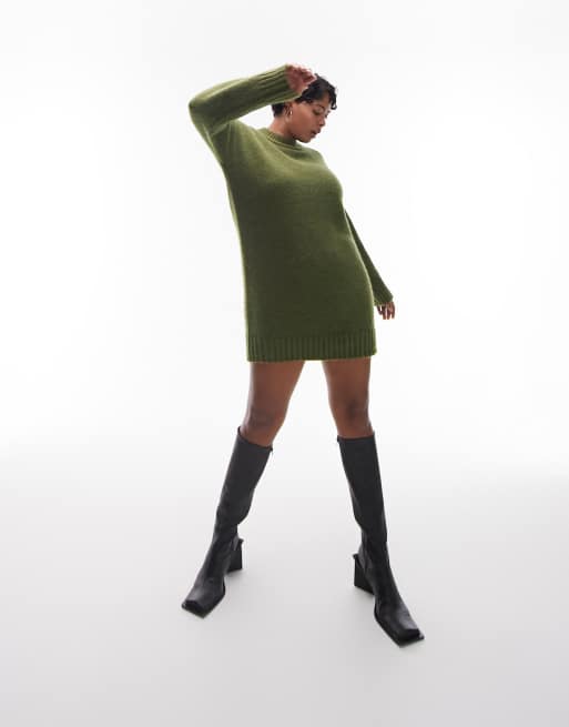 トップショップ Topshop Curve knitted crew neck mini dress in khaki