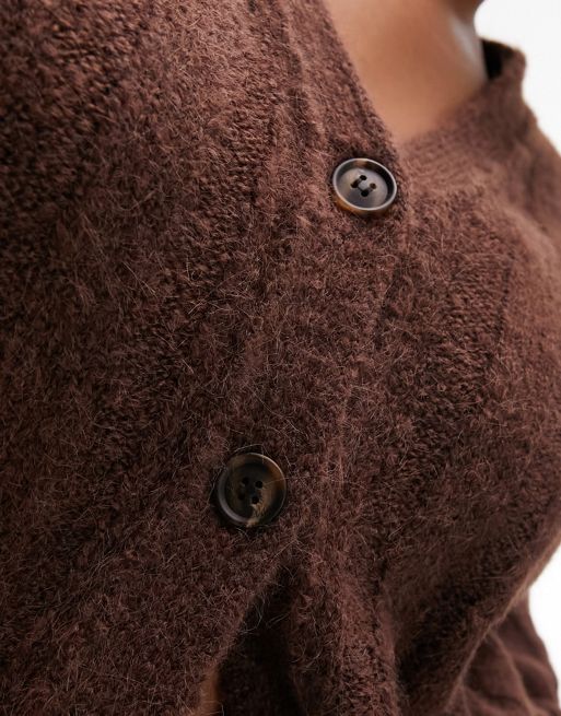 Topshop Curve knitted fluffy v-neck wide rib cardigan in brown