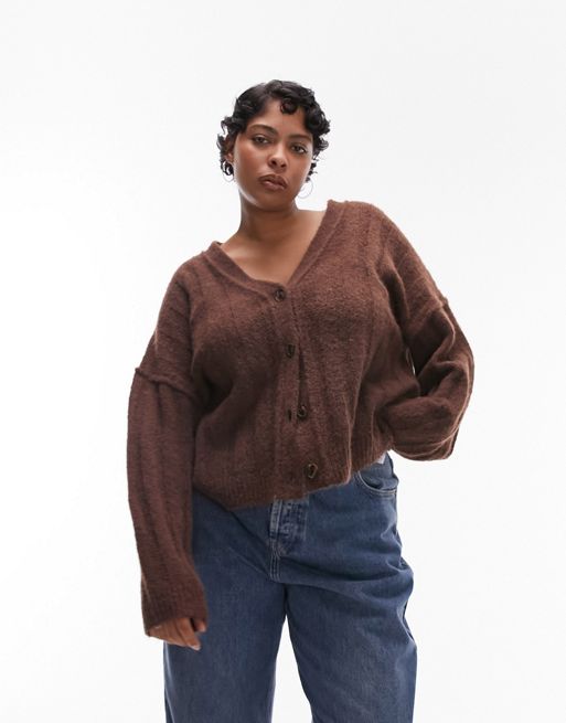 Topshop Curve knitted fluffy v-neck wide rib cardigan in brown