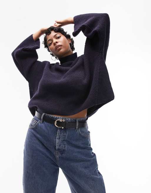 Topshop Curve knitted high neck drop shoulder sweater with wool in navy