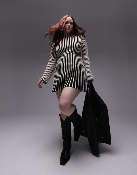 Topshop Curve knitted stripe long sleeve mini dress in monochrome - view 1