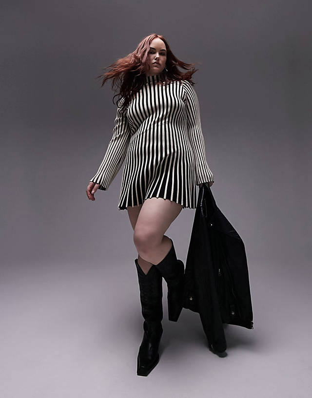 Topshop Curve knitted stripe long sleeve mini dress in monochrome
