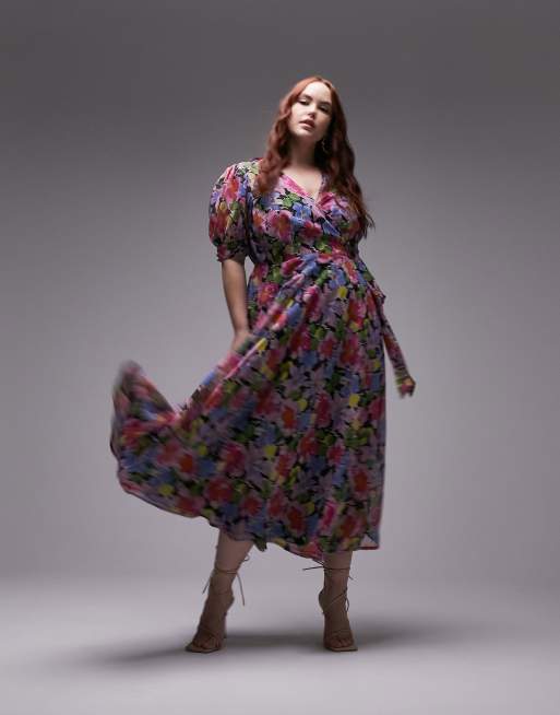 Topshop Curve – Kopertowa sukienka midi w rozmyty kwiatowy wzór