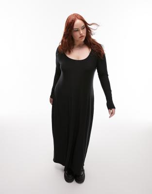 Topshop Curve - Langärmliges, formendes Midikleid in Schwarz in superweicher Qualität-Black