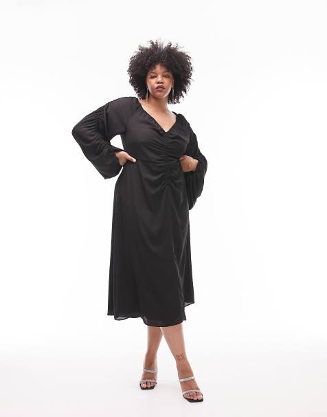 Topshop Curve – Langärmliges, gerafftes Midikleid in Schwarz - view 1