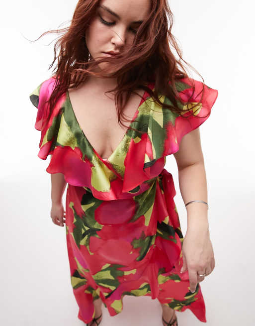 Topshop Curve - Lange gelegenheidsjurk met overslag, mouwen met ruches en print in rood