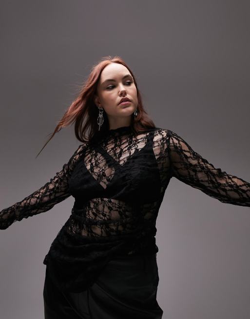 Topshop Curve - Langærmet sort blondetop med paneler