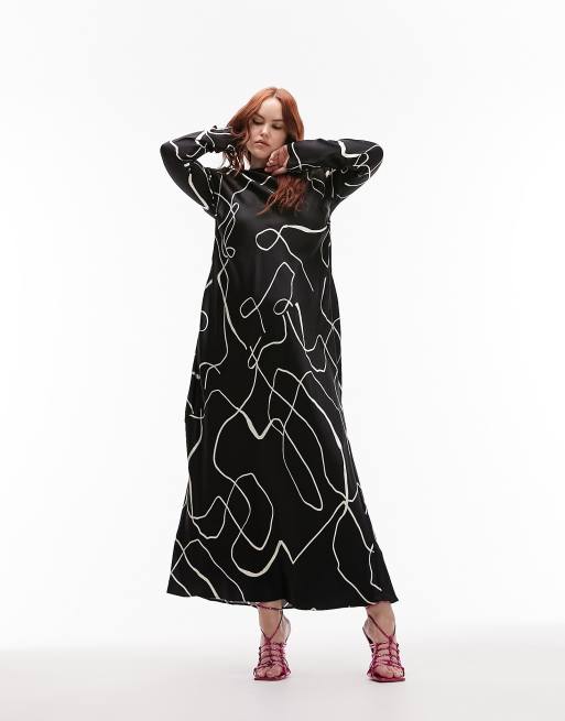 Topshop Curve – Lea – Hochwertiges Maxikleid mit geradem Schnitt und schwarz-weißem Schnörkelmuster