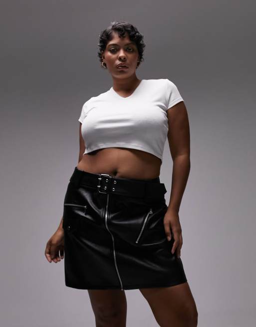 Topshop Curve leather look moto mini skirt in black