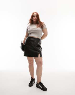 Topshop Curve Leather Look Split Detail Mini Skirt In Black