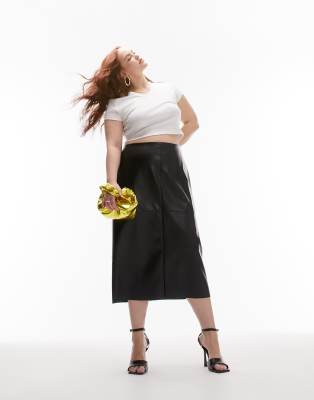 Topshop Curve leather seamed midi skirt in black | ASOS