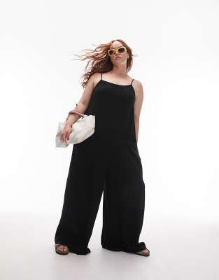 Topshop Curve linen jumpsuit with pockets in black