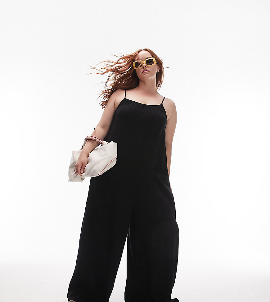 Topshop Curve linen jumpsuit with pockets in black