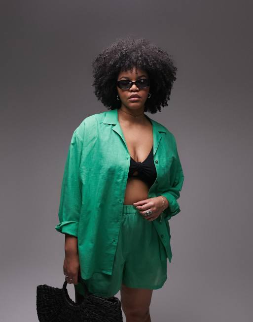 Topshop Curve linen mix resort set in green