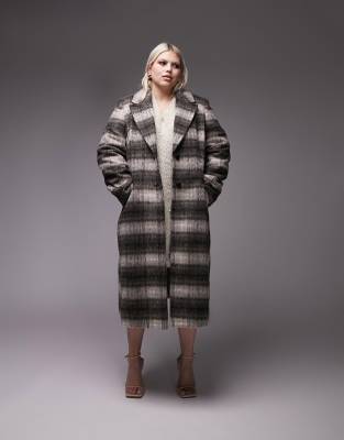 Topshop Curve Long-line Overcoat In Brushed Check-brown