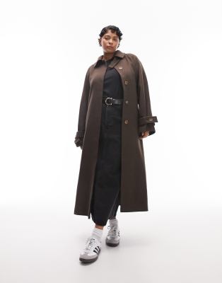 Topshop Curve long-lined belted brushed trench coat in chocolate