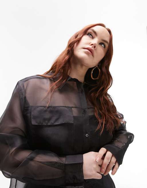 Topshop long sleeve organza sheer shirt with pockets in black