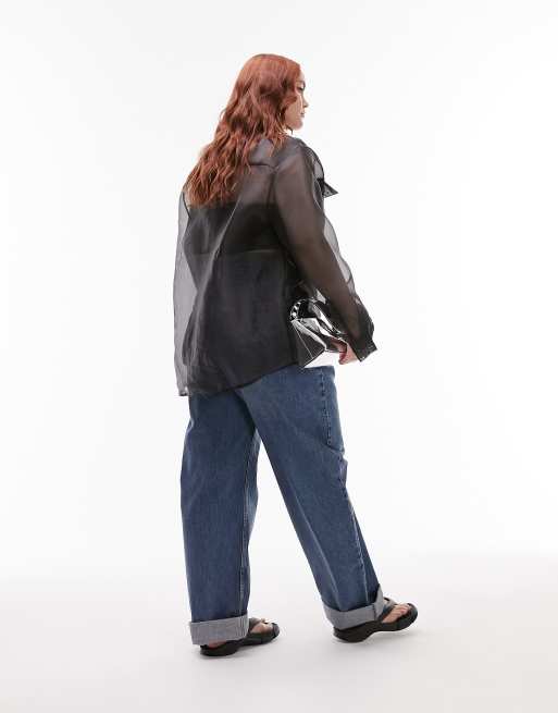 Topshop Curve long sleeve organza sheer shirt with pockets in 