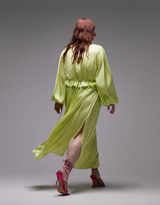 Topshop Curve long sleeve riveria occasion dress in lime, 3 of 4