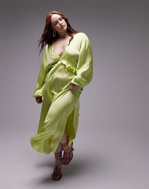Topshop Curve long sleeve riveria occasion dress in lime, 4 of 4