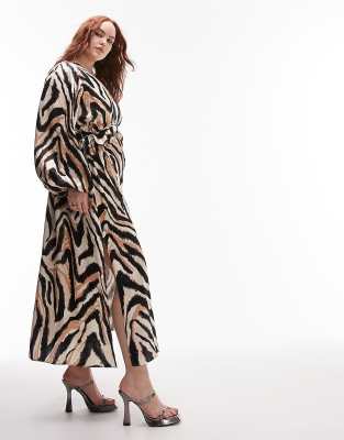 Topshop Curve Long Sleeve Riviera Midi Dress In Animal Print-multi