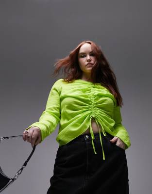 Curve long sleeve ruched front top in lime-Green