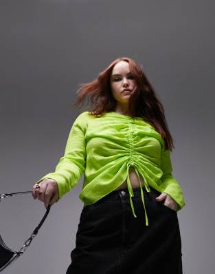 Shop Topshop Curve Long Sleeve Ruched Front Top In Lime-green