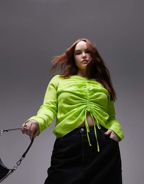 Topshop Curve long sleeve ruched front top in lime 