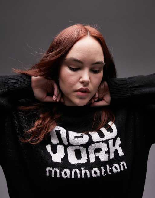 Topshop Curve - Maglione lavorato monocromatico con scritta New York
