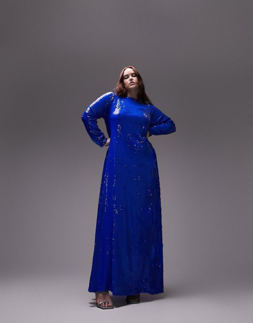 Topshop - Curve - Maxi jurk met lovertjes in kobaltblauw, 2 van 4