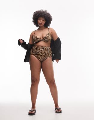 Topshop Curve - Mehrfarbige Bikinihose mit Leopardenmuster und hohem Bund-Bunt