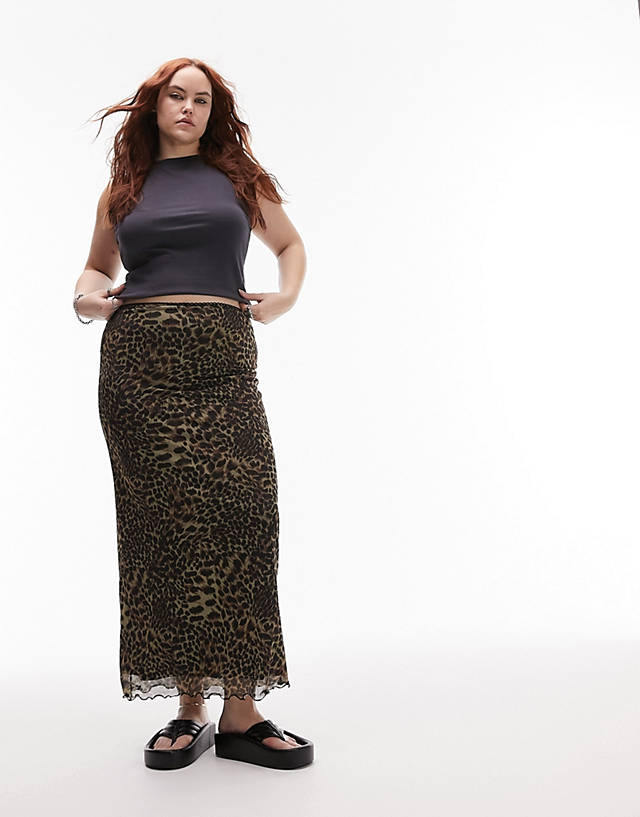 Topshop Curve - mesh animal printed midi skirt in brown