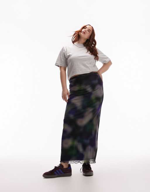 Topshop Curve mesh blurred printed lace trim midi skirt in purple 