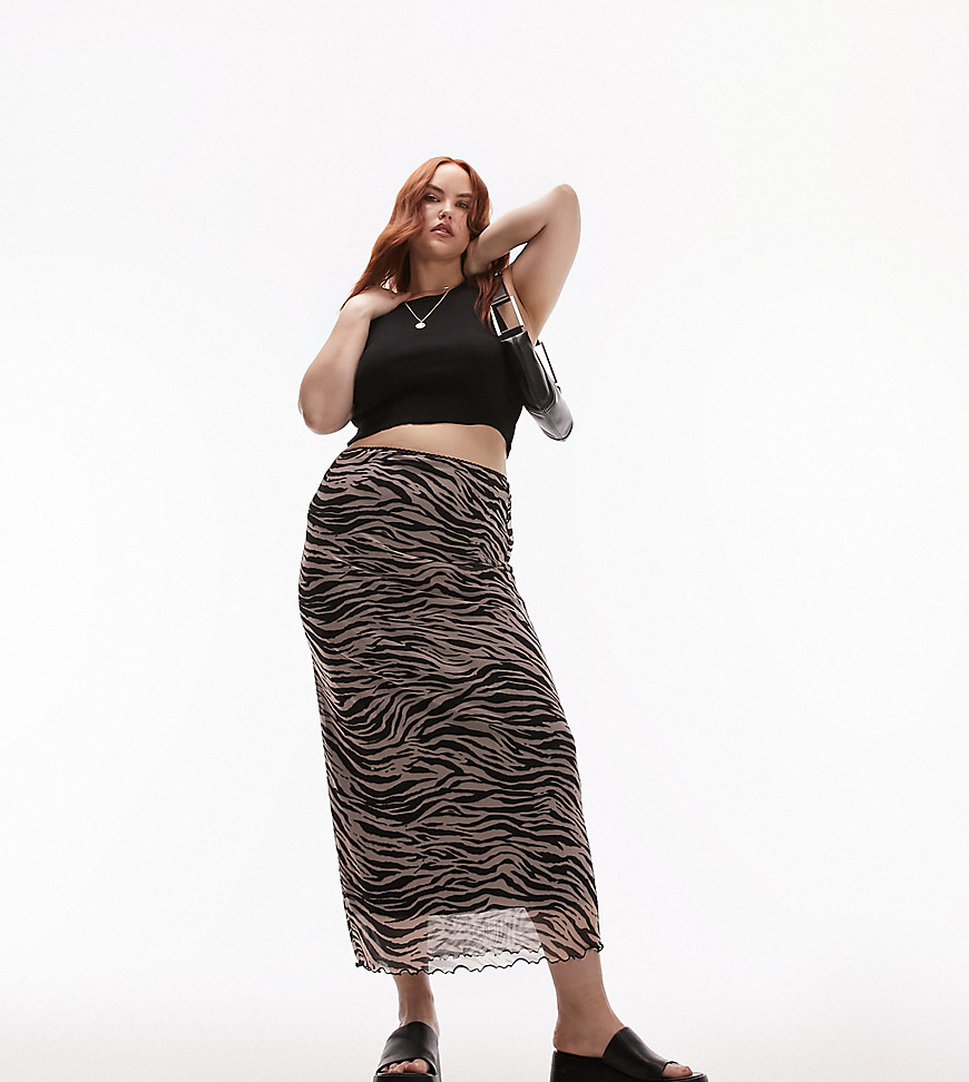 Topshop Curve mesh grunge lace top and zebra print midi skirt in pink and black-Multi